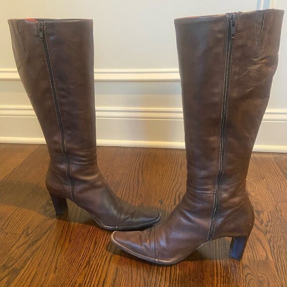 Manfield Square Toe Knee High Leather Boot 3" Stacked Heel Brown US 7.5/EU 38 - Picture 3 of 9